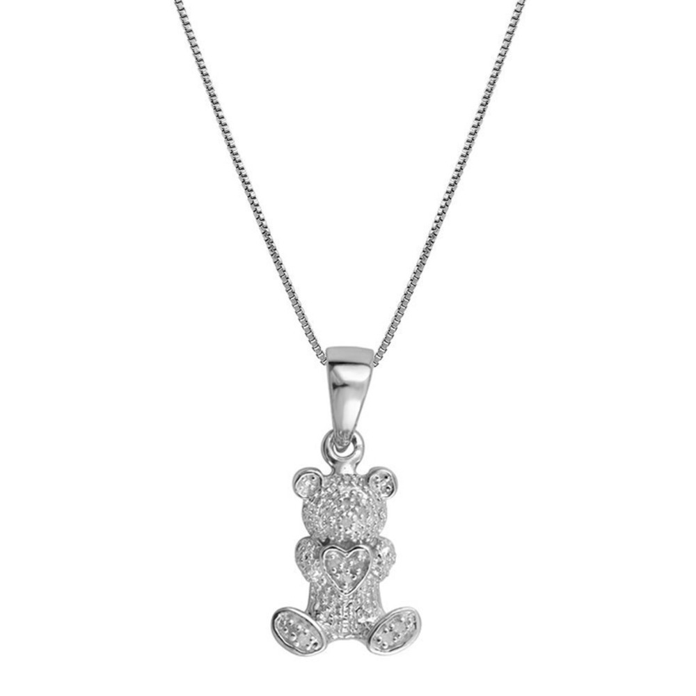 Solid Sterling Silver 0.028 CTW Diamond 18 Inch Teddy Bear Heart Necklace